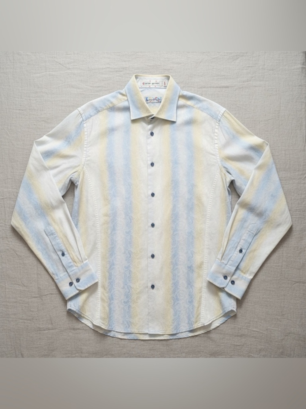 Brandolini Mens L 100% Cotton Jacquard Stripe Dress Shirt Pale Blue, Yellow